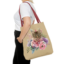 Load image into Gallery viewer, Claudia Floral Cat Tote Bag, Cat Lover Gift, Cat Mom Tote, Cat Tote, Cat Art Tote, Floral Tote Bag, Tabby Cat Tote ,Tabby Cat Floral Design