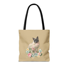 Load image into Gallery viewer, Pearl Floral Cat Tote Bag, Cat Lover Gift, Cat Mom Tote, Cat Tote, Cat Art Tote, Floral Tote Bag, Siamese Cat Tote