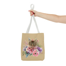 Load image into Gallery viewer, Claudia Floral Cat Tote Bag, Cat Lover Gift, Cat Mom Tote, Cat Tote, Cat Art Tote, Floral Tote Bag, Tabby Cat Tote ,Tabby Cat Floral Design