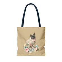 Load image into Gallery viewer, Pearl Floral Cat Tote Bag, Cat Lover Gift, Cat Mom Tote, Cat Tote, Cat Art Tote, Floral Tote Bag, Siamese Cat Tote