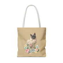 Load image into Gallery viewer, Pearl Floral Cat Tote Bag, Cat Lover Gift, Cat Mom Tote, Cat Tote, Cat Art Tote, Floral Tote Bag, Siamese Cat Tote