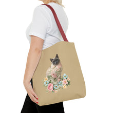 Load image into Gallery viewer, Pearl Floral Cat Tote Bag, Cat Lover Gift, Cat Mom Tote, Cat Tote, Cat Art Tote, Floral Tote Bag, Siamese Cat Tote