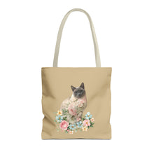 Load image into Gallery viewer, Pearl Floral Cat Tote Bag, Cat Lover Gift, Cat Mom Tote, Cat Tote, Cat Art Tote, Floral Tote Bag, Siamese Cat Tote