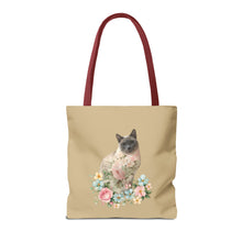Load image into Gallery viewer, Pearl Floral Cat Tote Bag, Cat Lover Gift, Cat Mom Tote, Cat Tote, Cat Art Tote, Floral Tote Bag, Siamese Cat Tote
