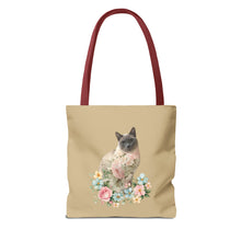 Load image into Gallery viewer, Pearl Floral Cat Tote Bag, Cat Lover Gift, Cat Mom Tote, Cat Tote, Cat Art Tote, Floral Tote Bag, Siamese Cat Tote