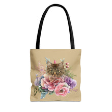 Load image into Gallery viewer, Claudia Floral Cat Tote Bag, Cat Lover Gift, Cat Mom Tote, Cat Tote, Cat Art Tote, Floral Tote Bag, Tabby Cat Tote ,Tabby Cat Floral Design