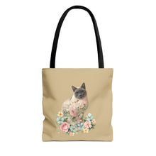 Load image into Gallery viewer, Pearl Floral Cat Tote Bag, Cat Lover Gift, Cat Mom Tote, Cat Tote, Cat Art Tote, Floral Tote Bag, Siamese Cat Tote