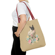 Load image into Gallery viewer, Pearl Floral Cat Tote Bag, Cat Lover Gift, Cat Mom Tote, Cat Tote, Cat Art Tote, Floral Tote Bag, Siamese Cat Tote