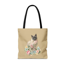 Load image into Gallery viewer, Pearl Floral Cat Tote Bag, Cat Lover Gift, Cat Mom Tote, Cat Tote, Cat Art Tote, Floral Tote Bag, Siamese Cat Tote