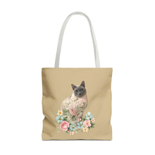 Load image into Gallery viewer, Pearl Floral Cat Tote Bag, Cat Lover Gift, Cat Mom Tote, Cat Tote, Cat Art Tote, Floral Tote Bag, Siamese Cat Tote