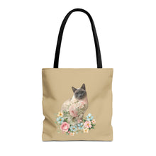 Load image into Gallery viewer, Pearl Floral Cat Tote Bag, Cat Lover Gift, Cat Mom Tote, Cat Tote, Cat Art Tote, Floral Tote Bag, Siamese Cat Tote