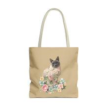 Load image into Gallery viewer, Pearl Floral Cat Tote Bag, Cat Lover Gift, Cat Mom Tote, Cat Tote, Cat Art Tote, Floral Tote Bag, Siamese Cat Tote