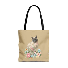 Load image into Gallery viewer, Pearl Floral Cat Tote Bag, Cat Lover Gift, Cat Mom Tote, Cat Tote, Cat Art Tote, Floral Tote Bag, Siamese Cat Tote