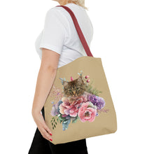 Load image into Gallery viewer, Claudia Floral Cat Tote Bag, Cat Lover Gift, Cat Mom Tote, Cat Tote, Cat Art Tote, Floral Tote Bag, Tabby Cat Tote ,Tabby Cat Floral Design