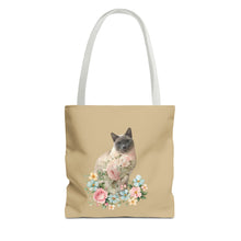 Load image into Gallery viewer, Pearl Floral Cat Tote Bag, Cat Lover Gift, Cat Mom Tote, Cat Tote, Cat Art Tote, Floral Tote Bag, Siamese Cat Tote