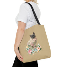 Load image into Gallery viewer, Pearl Floral Cat Tote Bag, Cat Lover Gift, Cat Mom Tote, Cat Tote, Cat Art Tote, Floral Tote Bag, Siamese Cat Tote