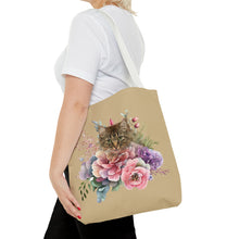 Load image into Gallery viewer, Claudia Floral Cat Tote Bag, Cat Lover Gift, Cat Mom Tote, Cat Tote, Cat Art Tote, Floral Tote Bag, Tabby Cat Tote ,Tabby Cat Floral Design