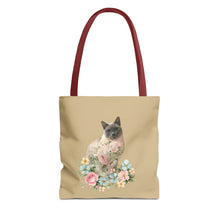 Load image into Gallery viewer, Pearl Floral Cat Tote Bag, Cat Lover Gift, Cat Mom Tote, Cat Tote, Cat Art Tote, Floral Tote Bag, Siamese Cat Tote