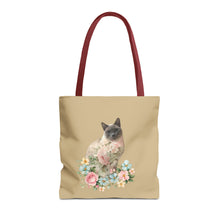 Load image into Gallery viewer, Pearl Floral Cat Tote Bag, Cat Lover Gift, Cat Mom Tote, Cat Tote, Cat Art Tote, Floral Tote Bag, Siamese Cat Tote