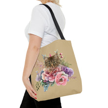 Load image into Gallery viewer, Claudia Floral Cat Tote Bag, Cat Lover Gift, Cat Mom Tote, Cat Tote, Cat Art Tote, Floral Tote Bag, Tabby Cat Tote ,Tabby Cat Floral Design