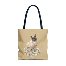 Load image into Gallery viewer, Pearl Floral Cat Tote Bag, Cat Lover Gift, Cat Mom Tote, Cat Tote, Cat Art Tote, Floral Tote Bag, Siamese Cat Tote