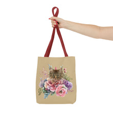 Load image into Gallery viewer, Claudia Floral Cat Tote Bag, Cat Lover Gift, Cat Mom Tote, Cat Tote, Cat Art Tote, Floral Tote Bag, Tabby Cat Tote ,Tabby Cat Floral Design