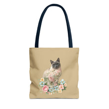 Load image into Gallery viewer, Pearl Floral Cat Tote Bag, Cat Lover Gift, Cat Mom Tote, Cat Tote, Cat Art Tote, Floral Tote Bag, Siamese Cat Tote