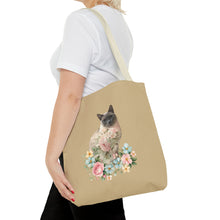 Load image into Gallery viewer, Pearl Floral Cat Tote Bag, Cat Lover Gift, Cat Mom Tote, Cat Tote, Cat Art Tote, Floral Tote Bag, Siamese Cat Tote
