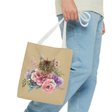 Load image into Gallery viewer, Claudia Floral Cat Tote Bag, Cat Lover Gift, Cat Mom Tote, Cat Tote, Cat Art Tote, Floral Tote Bag, Tabby Cat Tote ,Tabby Cat Floral Design