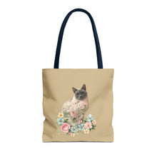 Load image into Gallery viewer, Pearl Floral Cat Tote Bag, Cat Lover Gift, Cat Mom Tote, Cat Tote, Cat Art Tote, Floral Tote Bag, Siamese Cat Tote