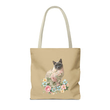 Load image into Gallery viewer, Pearl Floral Cat Tote Bag, Cat Lover Gift, Cat Mom Tote, Cat Tote, Cat Art Tote, Floral Tote Bag, Siamese Cat Tote