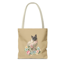 Load image into Gallery viewer, Pearl Floral Cat Tote Bag, Cat Lover Gift, Cat Mom Tote, Cat Tote, Cat Art Tote, Floral Tote Bag, Siamese Cat Tote
