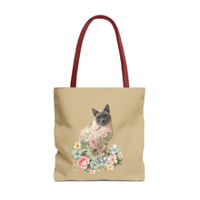 Load image into Gallery viewer, Pearl Floral Cat Tote Bag, Cat Lover Gift, Cat Mom Tote, Cat Tote, Cat Art Tote, Floral Tote Bag, Siamese Cat Tote