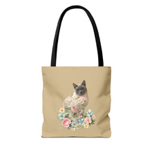 Load image into Gallery viewer, Pearl Floral Cat Tote Bag, Cat Lover Gift, Cat Mom Tote, Cat Tote, Cat Art Tote, Floral Tote Bag, Siamese Cat Tote