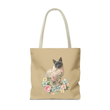 Load image into Gallery viewer, Pearl Floral Cat Tote Bag, Cat Lover Gift, Cat Mom Tote, Cat Tote, Cat Art Tote, Floral Tote Bag, Siamese Cat Tote