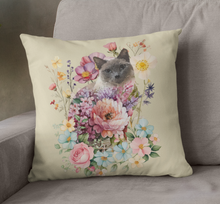 Load image into Gallery viewer, Pearl Siamese Floral Cat Throw Pillow, Floral Throw Pillow, Cat Home Decor, Cat Lover Gift, Cat Pillow, Cat Couch Pillow, Siamese Cat Decor