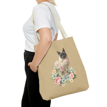 Load image into Gallery viewer, Pearl Floral Cat Tote Bag, Cat Lover Gift, Cat Mom Tote, Cat Tote, Cat Art Tote, Floral Tote Bag, Siamese Cat Tote