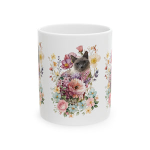 Pearl Floral Cat Mug- Ceramic Mug 11oz Art of Bruce Strickland, Fine Art Mug, Cat Coffee Mug, Cat Lover Gift, Cat Lady Gift, Floral Cat Mug