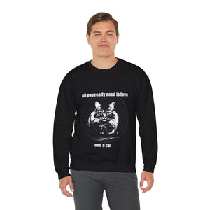 "All you really need is love and a cat" 001 Black & White Collection - Unisex Heavy Blend™ Crewneck Sweatshirt