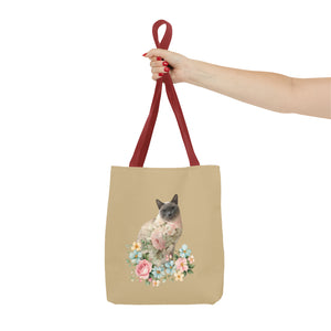 Pearl Floral Cat Tote Bag, Cat Lover Gift, Cat Mom Tote, Cat Tote, Cat Art Tote, Floral Tote Bag, Siamese Cat Tote
