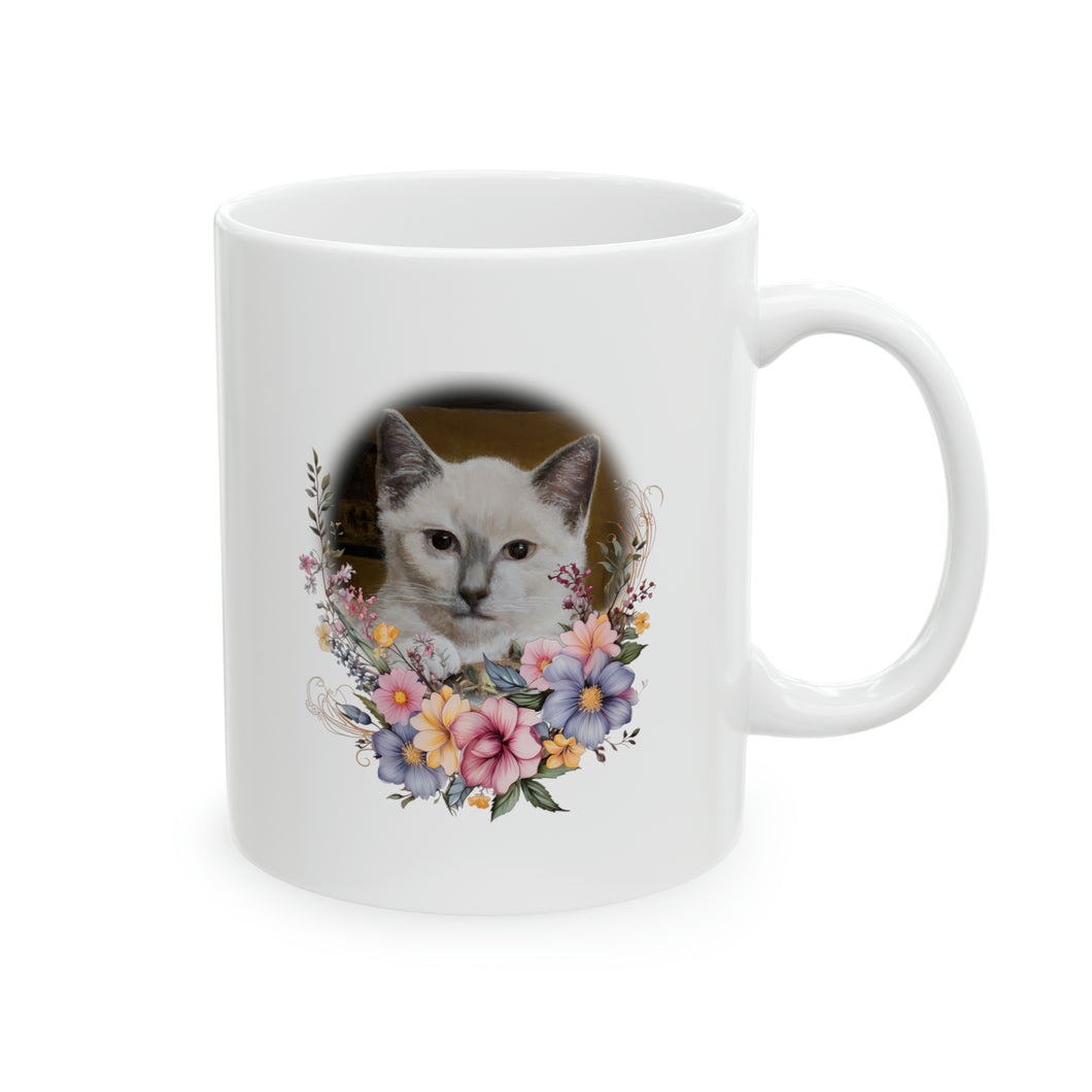 Happy Place - Ceramic Mug 11oz Art of Bruce Strickland, Fine Art Mug, Cat Coffee Mug, Cat Lover Gift, Cat Lady Gift, Floral Cat Mug