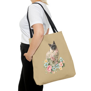 Pearl Floral Cat Tote Bag, Cat Lover Gift, Cat Mom Tote, Cat Tote, Cat Art Tote, Floral Tote Bag, Siamese Cat Tote