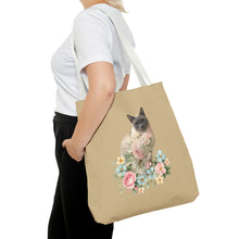 Load image into Gallery viewer, Pearl Floral Cat Tote Bag, Cat Lover Gift, Cat Mom Tote, Cat Tote, Cat Art Tote, Floral Tote Bag, Siamese Cat Tote