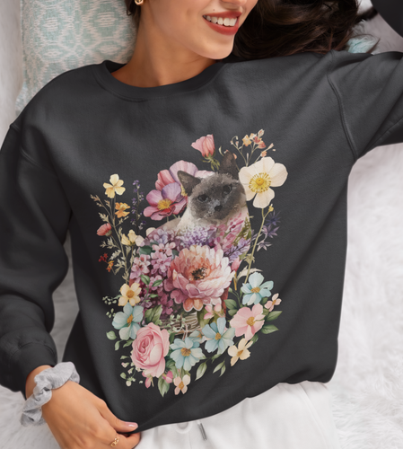 Siamese Floral Cat,Cat Sweatshirt,Cat Lover Sweatshirt,Gift for Cat Lover,Cat Mom,Cat Lady Gift, Floral Cat Sweatshirt, Tabby Cat Sweatshirt