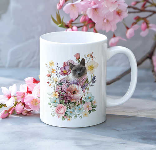 Pearl Floral Cat Mug- Ceramic Mug 11oz Art of Bruce Strickland, Fine Art Mug, Cat Coffee Mug, Cat Lover Gift, Cat Lady Gift, Floral Cat Mug