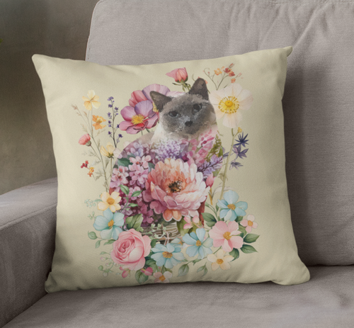 Pearl Siamese Floral Cat Throw Pillow, Floral Throw Pillow, Cat Home Decor, Cat Lover Gift, Cat Pillow, Cat Couch Pillow, Siamese Cat Decor